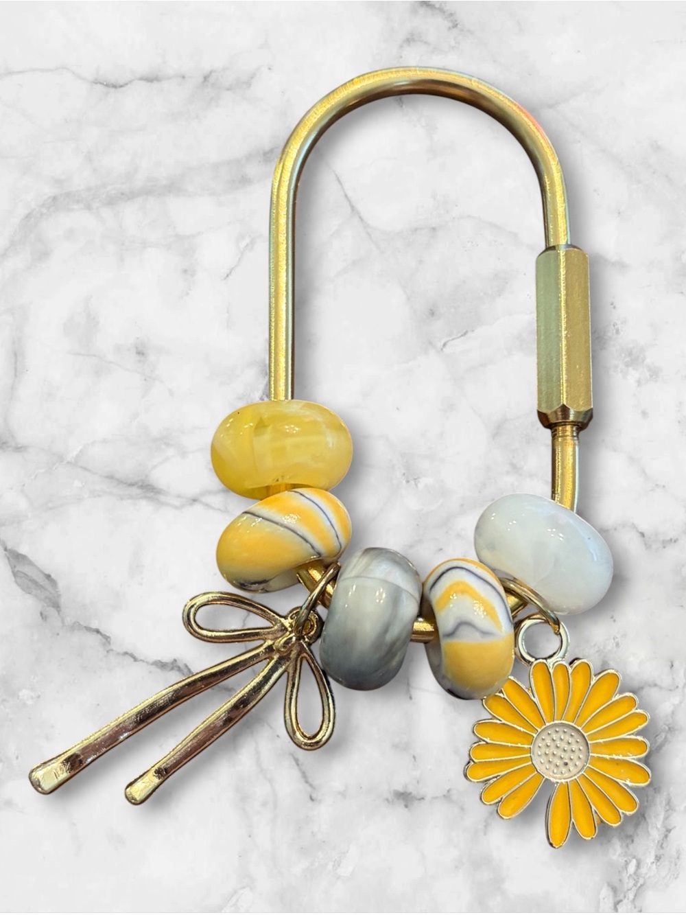 Yellow & Gray Beaded Daisy Charm Keyring - Gold Tone